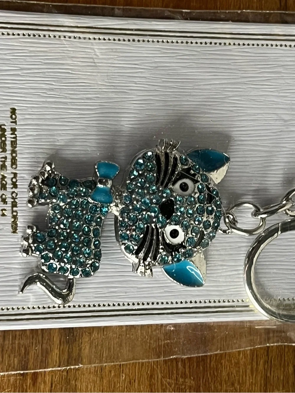Crystal Cat Keychain Bag Charm Keyring Teal Blue Rhinestone Silvertone